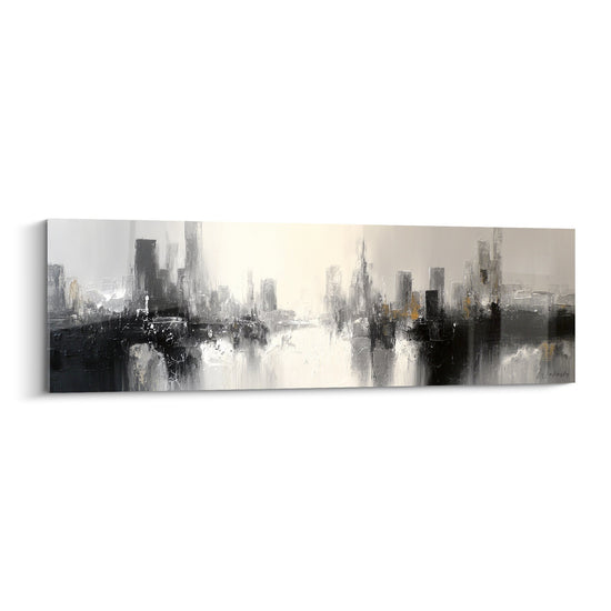 Tableau abstrait urbain tons gris noir blanc reflets dores metropole brumeuse feng shui ouest metal