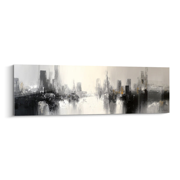 Abstract stadslandschap schilderij grijs zwart wit met gouden reflecties - Moderne Metropool - Feng shui West Metal editie