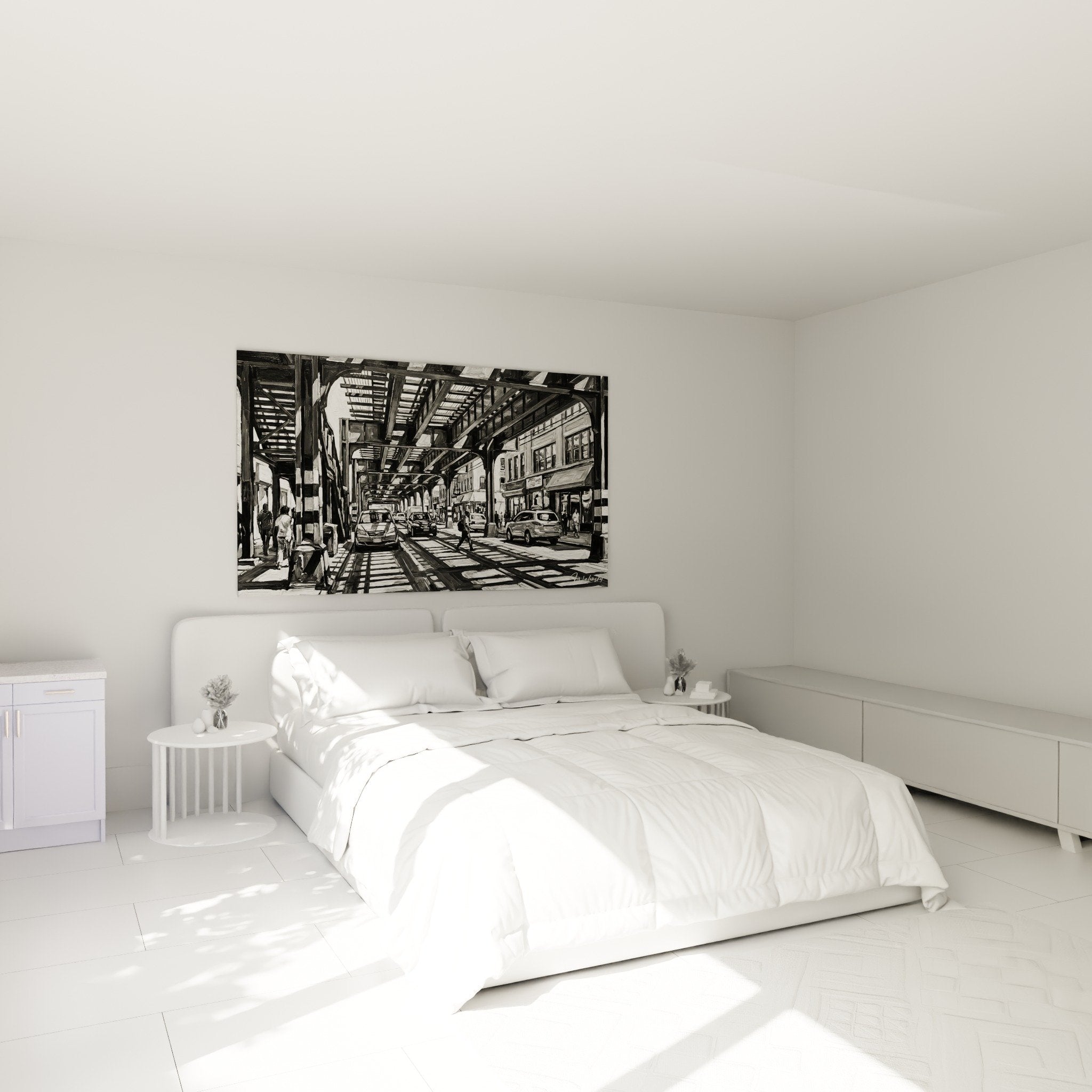 Tableau urbain noir et blanc accroche au mur chambre moderne decoration industrielle