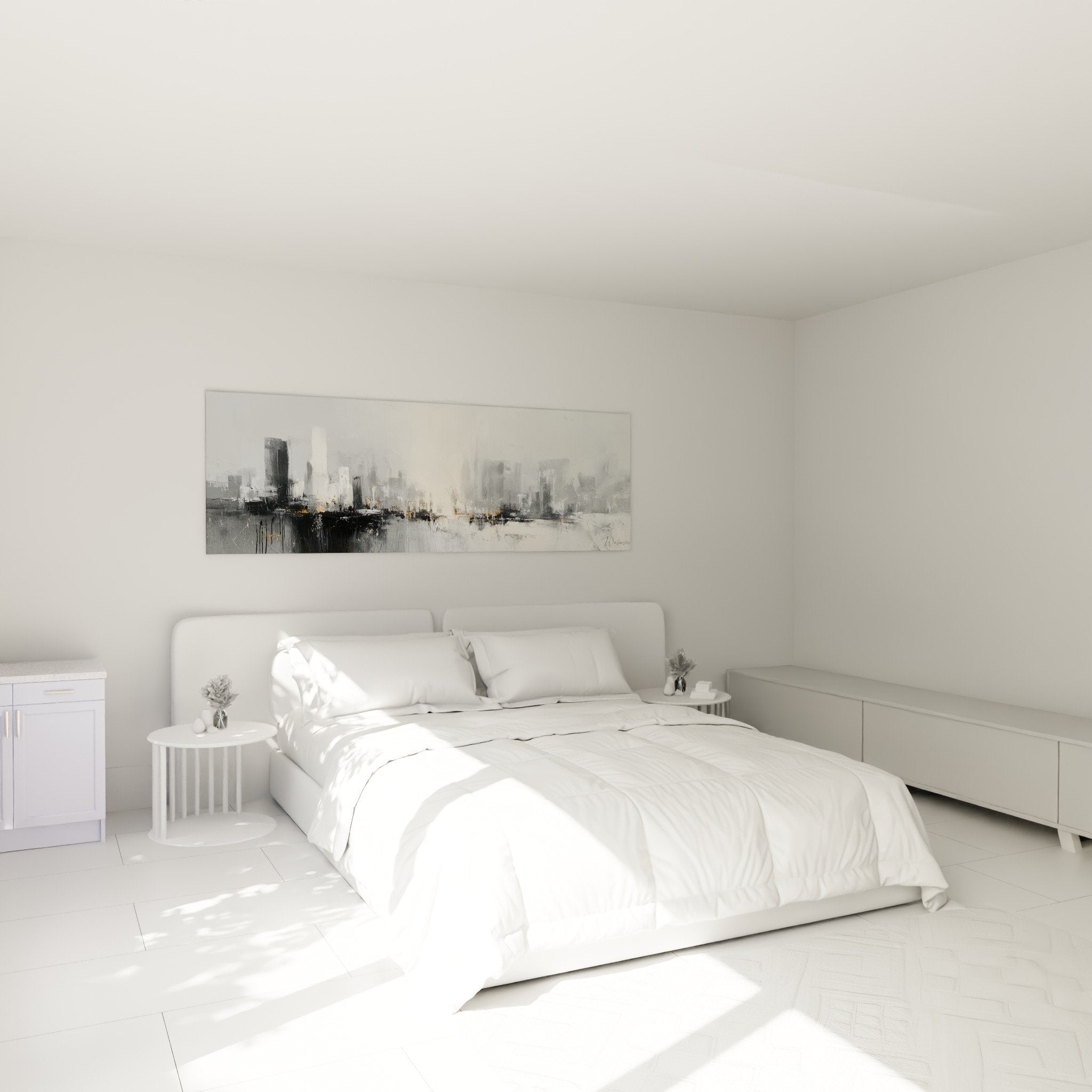 Abstract urban gray white wall art hanging above bed modern bedroom soothing wall decoration