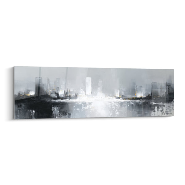 Stedelijk Landschap Schilderij Grijs en Wit Waterreflecties - Moderne Metropool - Feng Shui West Metal Editie