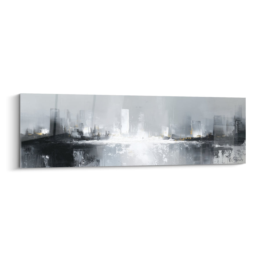 Tableau Paysage Urbain Gris et Blanc Reflets Aquatiques - Métropole Moderne - Edition Feng shui Ouest Métal