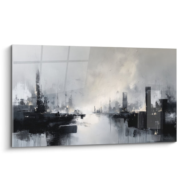 Stedelijk Landschap Schilderij Grijs en Wit met Waterreflecties - Metalen Harmonie - Feng Shui West Metaal Editie