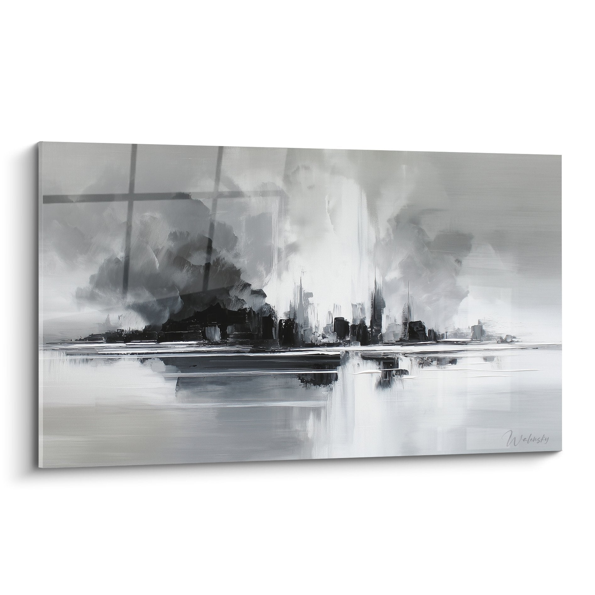 tableau urbain monochrome metropole reflets eau brume gris blanc feng shui ouest metal