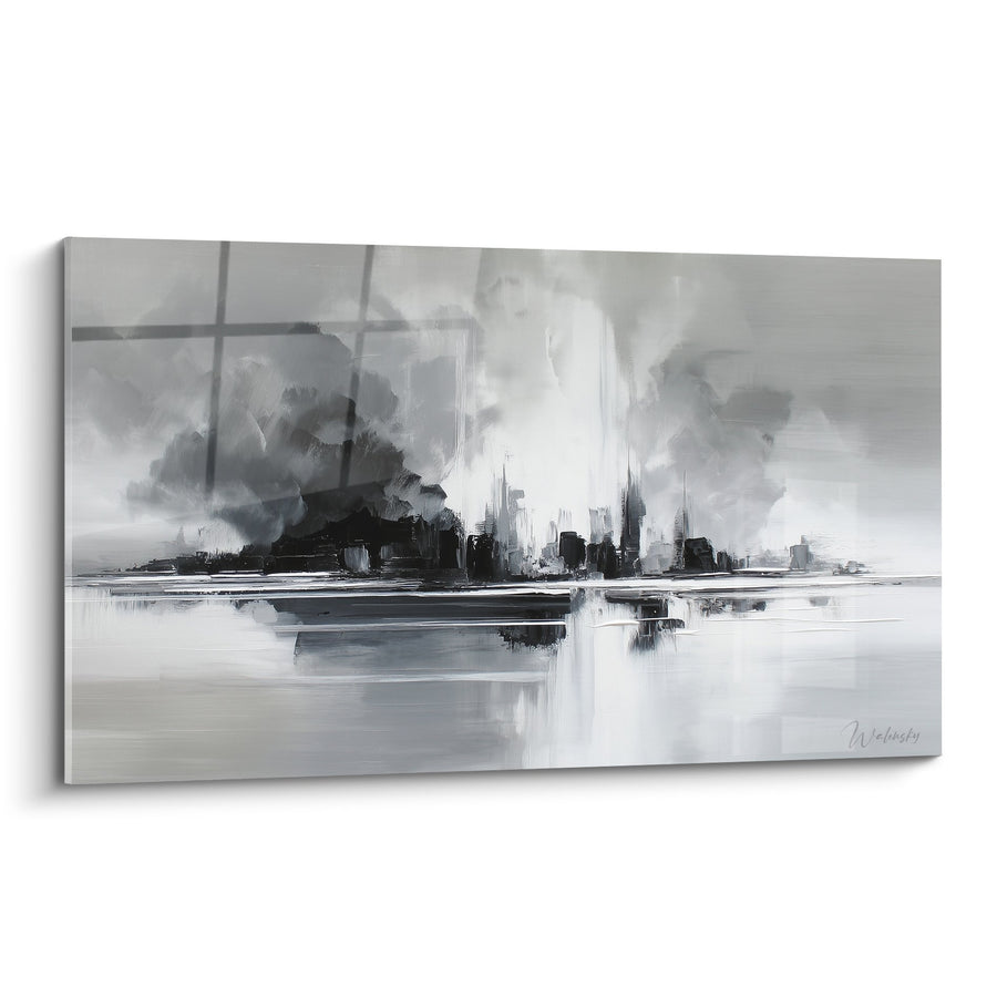 Tableau paysage urbain monochrome avec reflets aquatiques - Métropole contemplative - Edition Feng shui Ouest Métal