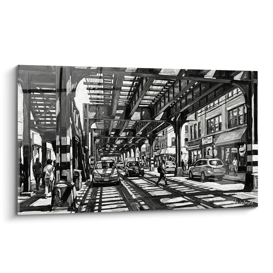 Zwart-wit stadsgezicht met metalen constructie en auto's - Industriële metropool - Editie The Bronx