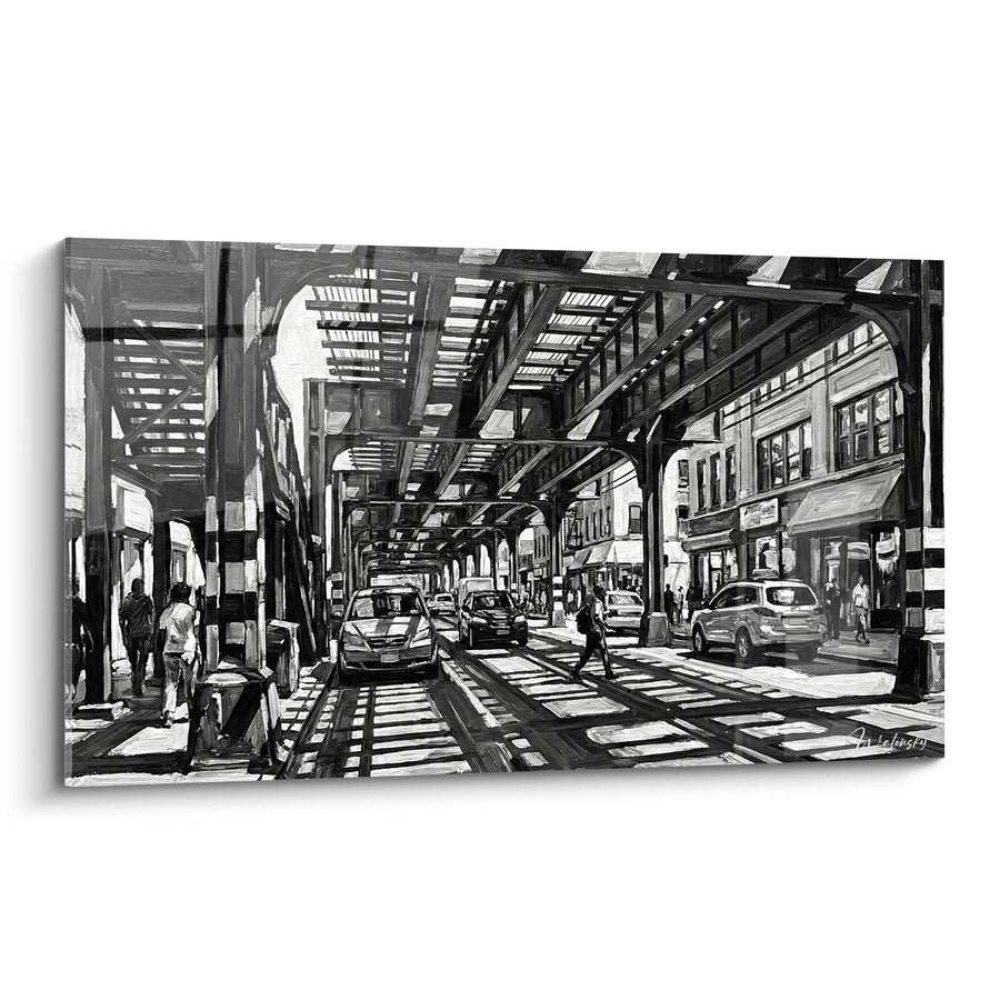 Tableau rue urbaine noir et blanc avec structure métallique et automobiles - Métropole industrielle - Edition Le Bronx