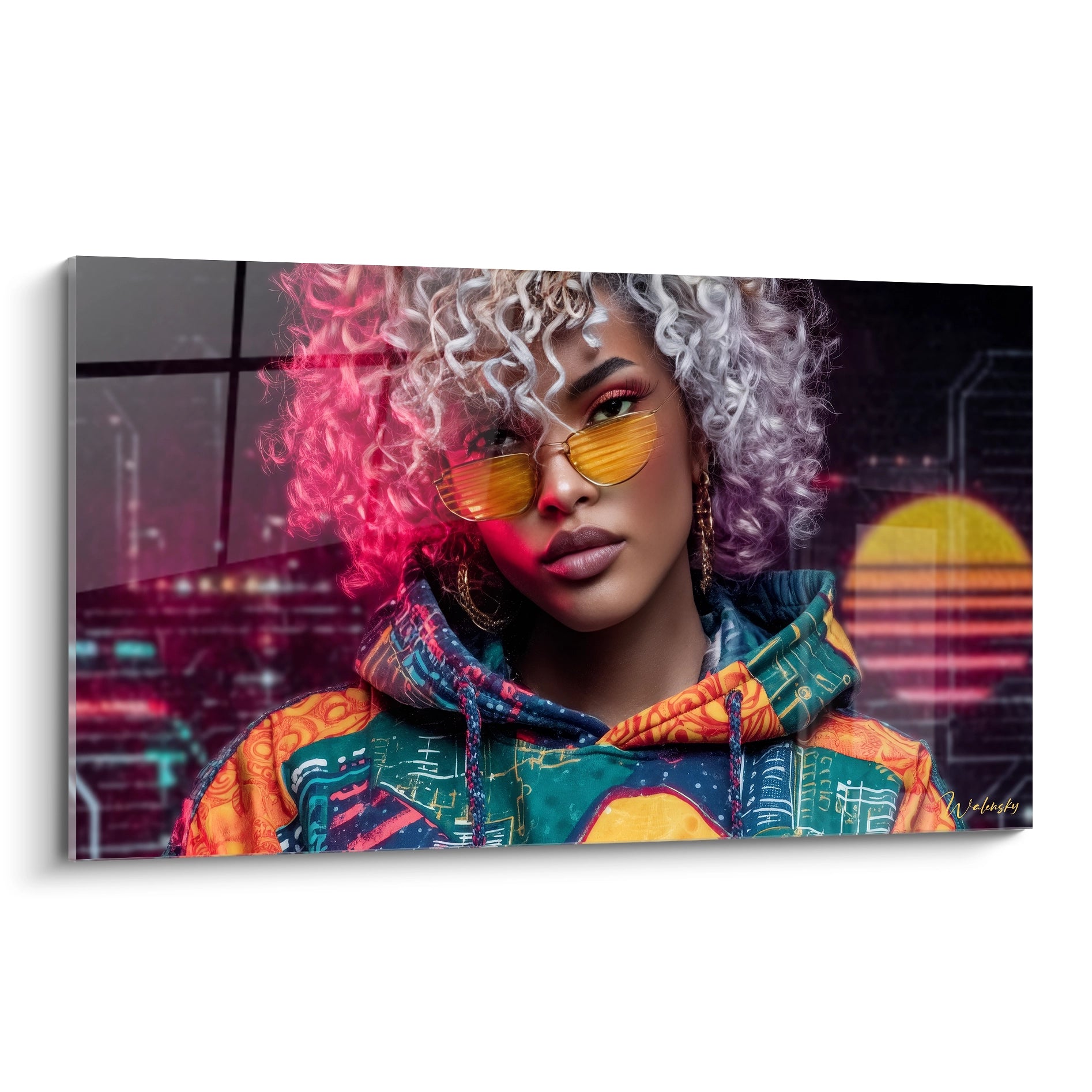 Tableau urbain streetwear de Walensky avec une femme au look moderne et coloré en arrière-plan stylisé