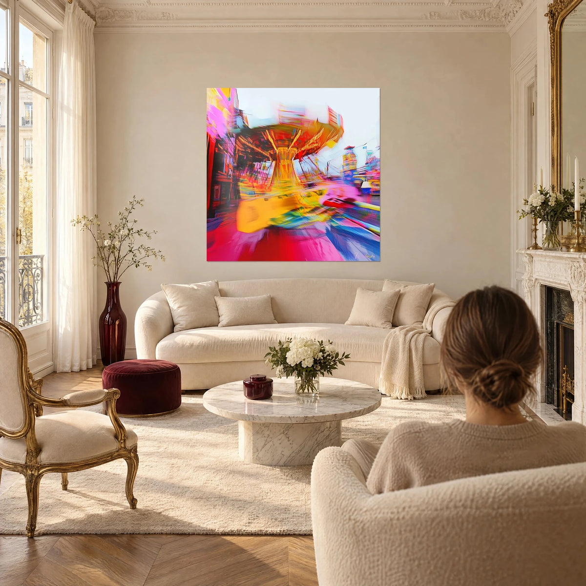 Gemälde Karussell im vollen Schwung, goldene Glühbirnen, zitronengelb und fuchsiafarben, über einem Sofa in einem hellen Wohnzimmer