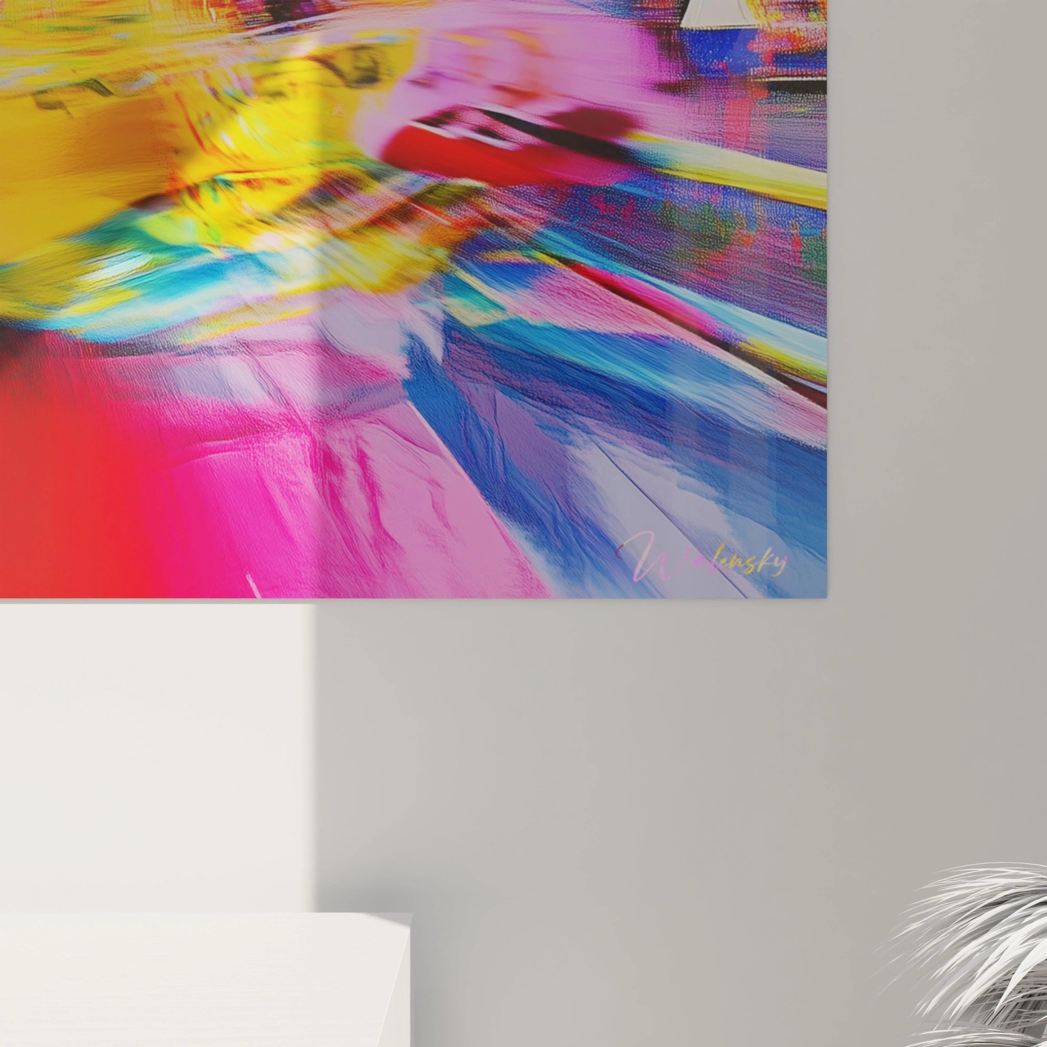 Un tableau dynamique illustrant un manège forain vu en pleine vitesse, aux couleurs saturées jaune, rose et bleu, avec technique de flou artistique créant des traînées lumineuses et une composition tourbillonnante.
