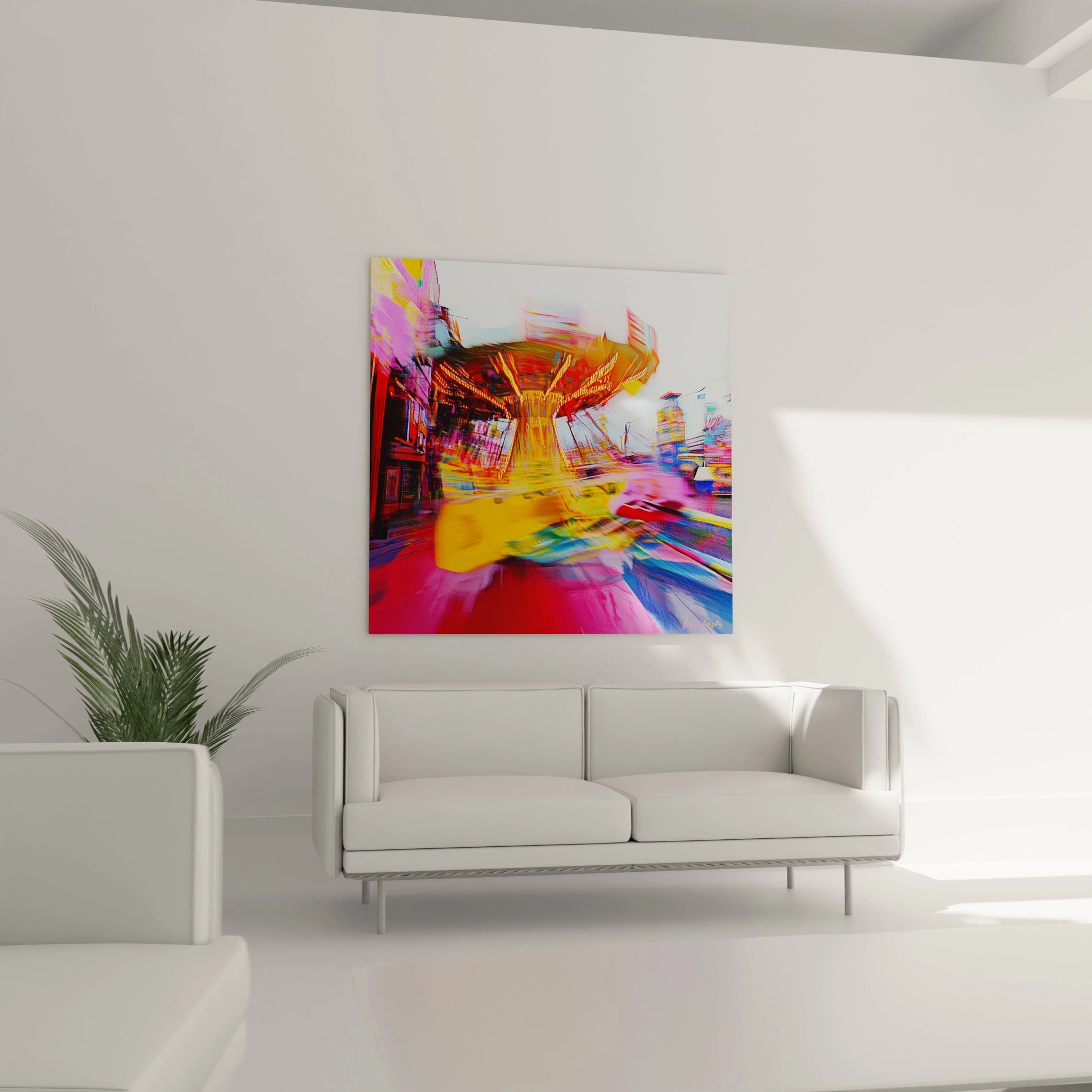 Tableau street art d'un manège en plein mouvement, aux couleurs vibrantes rose, orange et bleu électrique, avec effet de flou directionnel créant une sensation vertigineuse et des lumières urbaines stylisées en arrière-plan.
