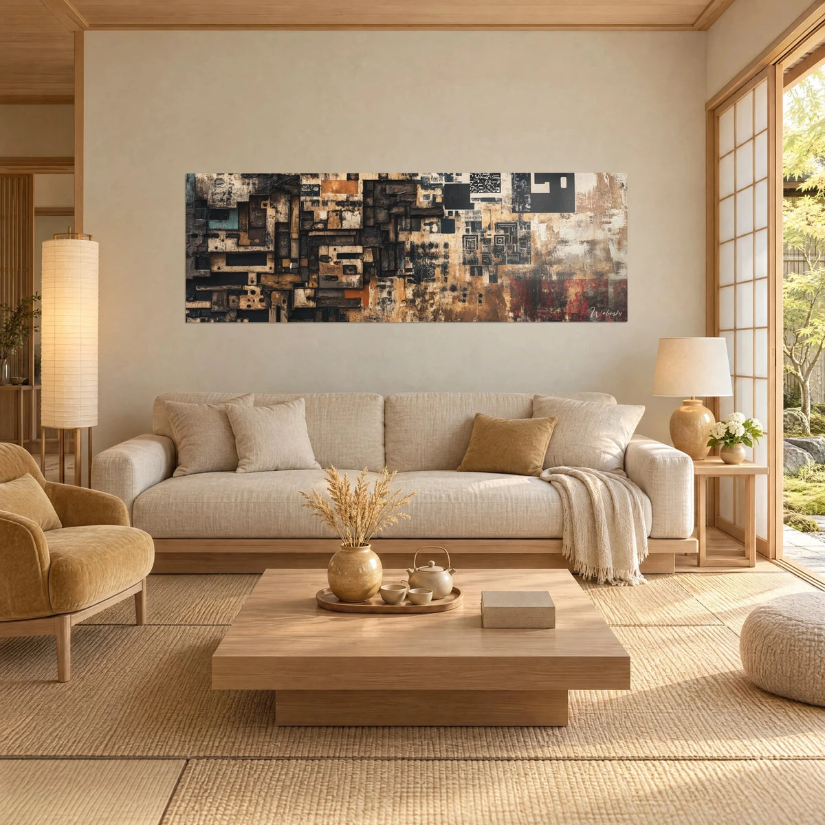 Wall art of torn stencil wall, ochre and black, rust stains and QR motifs, above a sofa in a bright living room