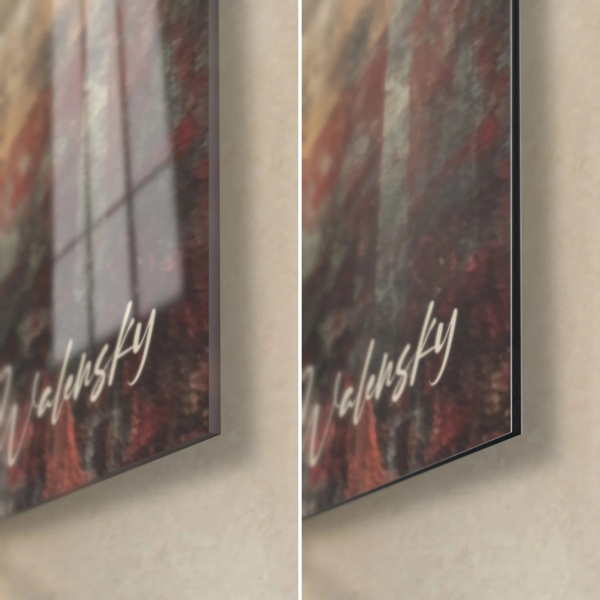 Wall art of tagged wall fragments, deep red and rich black, glossy glass corner bottom right and matte Dibond, 3 mm edge