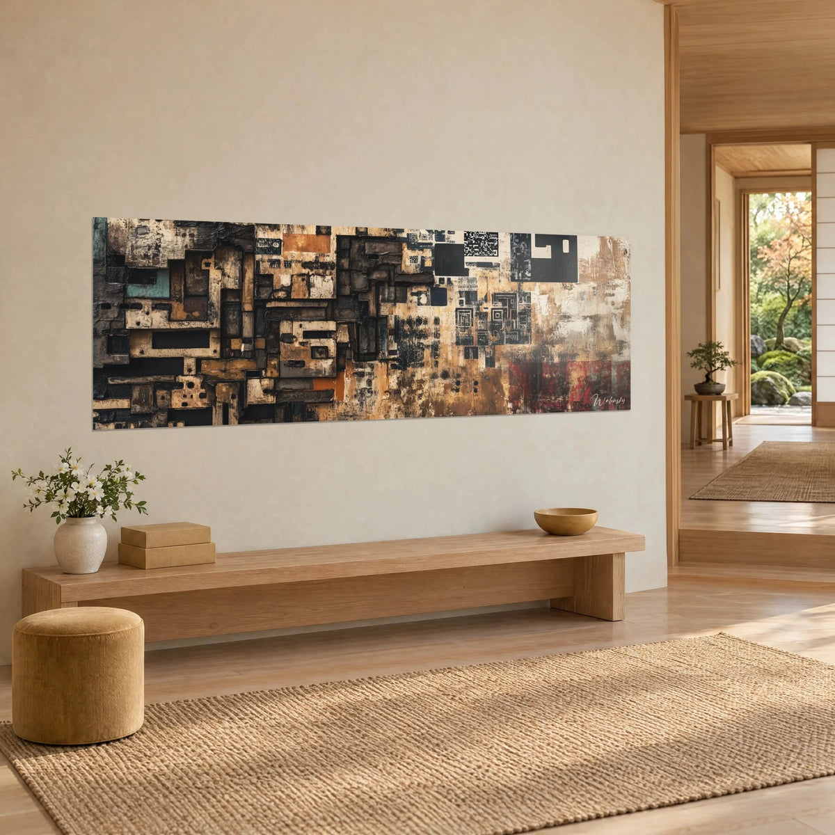Wall art of weathered urban facade, charcoal black and sandy beige, three-quarter view in a Japandi home