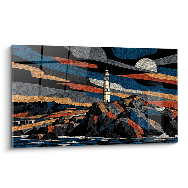 Tableau Phare blanc sur rochers bleus et ocre - Veille nocturne - Edition Île d'Ustica Sicile Italie