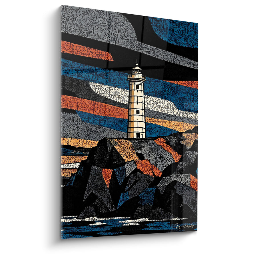 Tableau Phare sur rochers bleu et terracotta texturés - Sentinelle des flots - Edition Île d'Ustica Sicile Italie