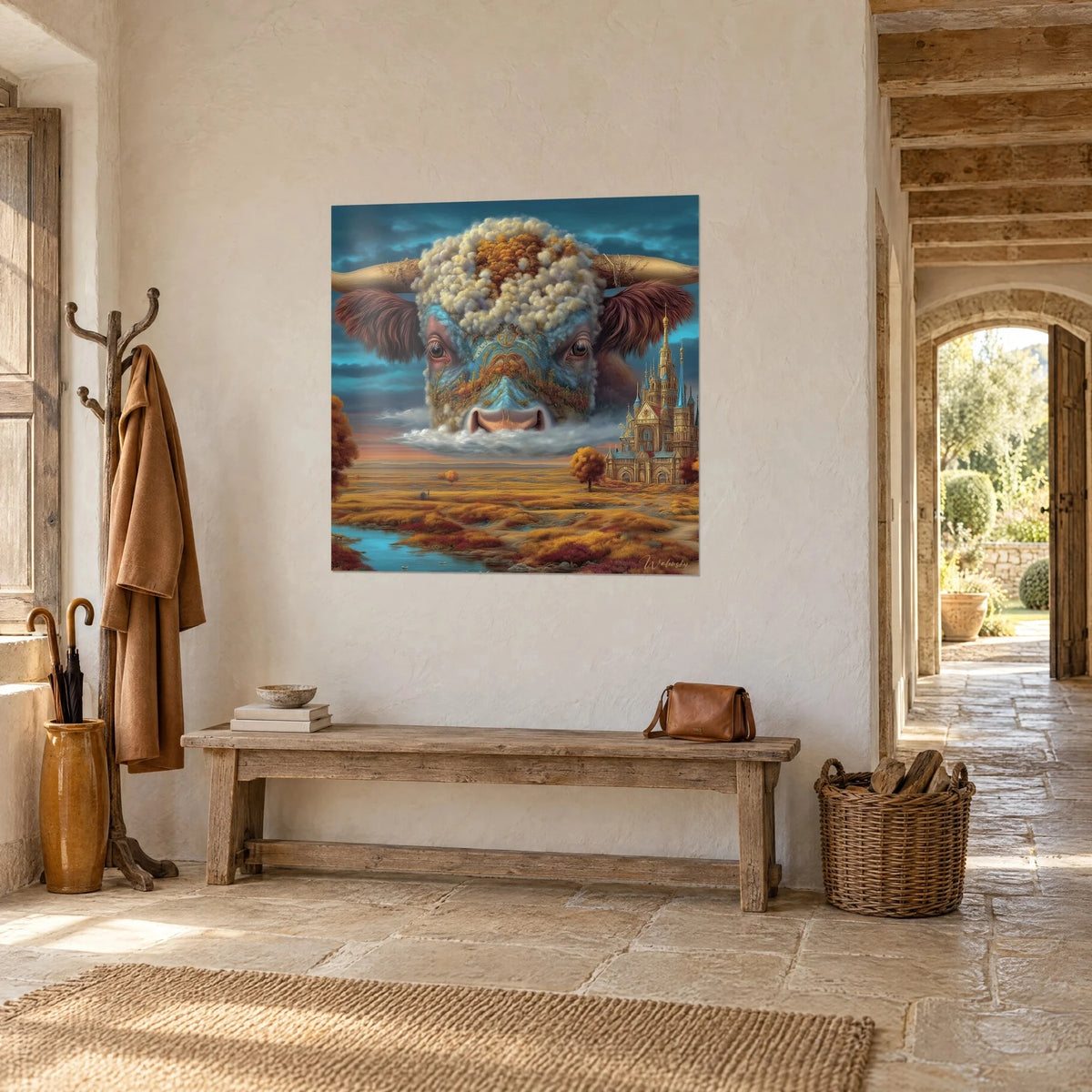Surrealistisches Stiertableau mit beigefarbenen Hörnern, hellblauer verzierter Schnauze und orangefarbener Ebene, Steinmauer eines Landhauses