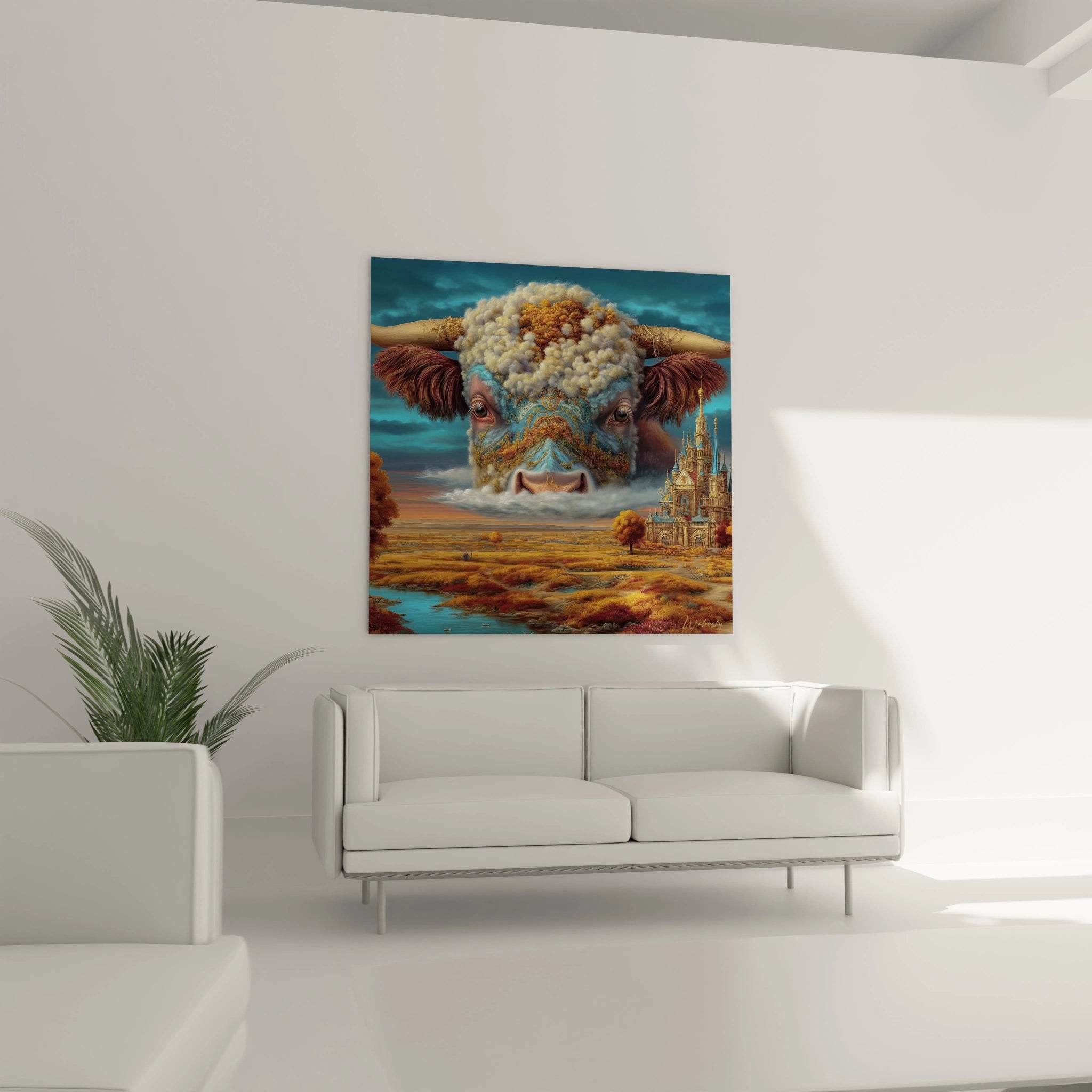 tableau vache surréaliste Walensky accroche au dessus d un canapé blanc dans salon moderne