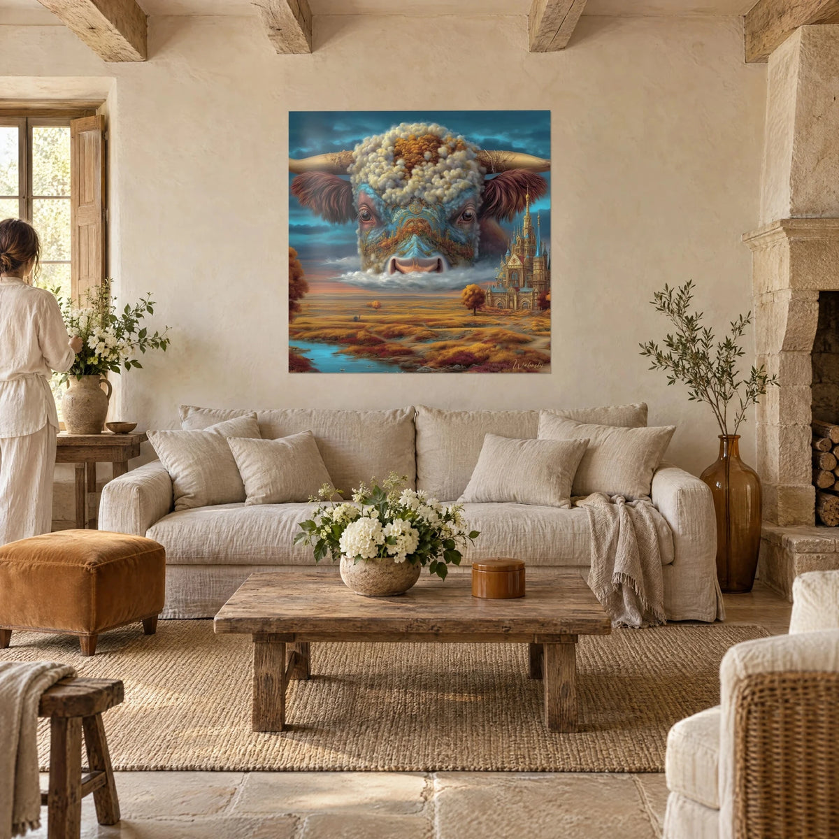 Gemälde einer riesigen Kuh mit elfenbeinweißem Wolkenfell und bernsteinfarbenem Blick, goldenes Schloss im Hintergrund, über einem Sofa in einem hellen Wohnzimmer