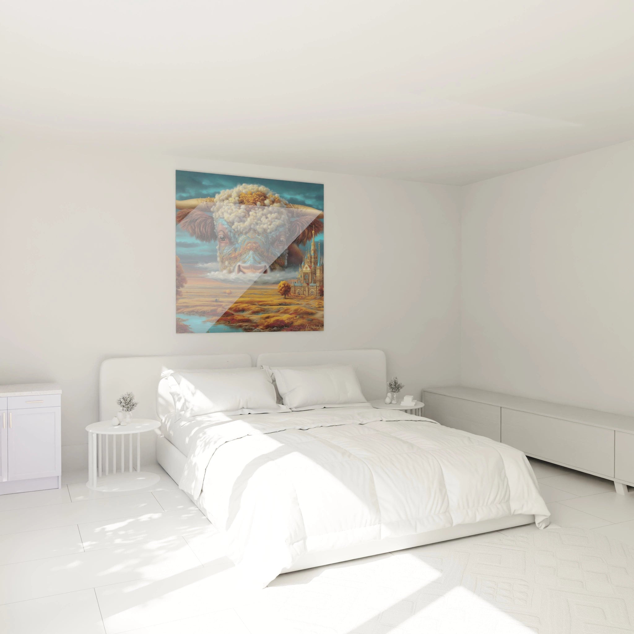 tableau vache surréaliste Walensky accroché au dessus d un lit blanc dans une chambre minimaliste ensoleillée