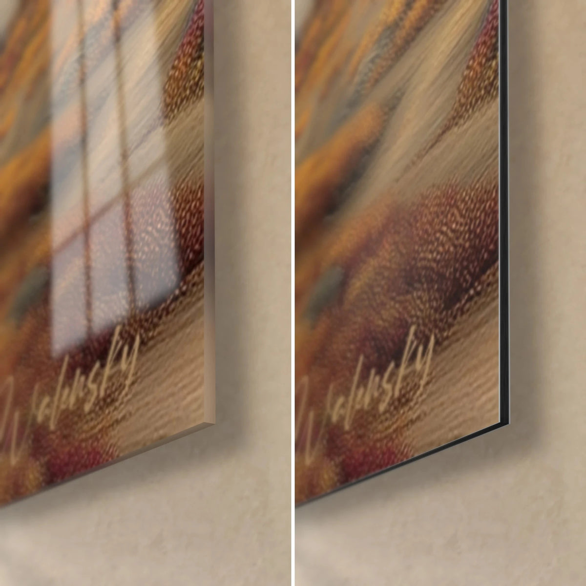 Gemälde eines Rindes mit weißem, wolligem Fell, untere rechte Ecke aus glänzendem Glas mit Spiegelung des Fensters und mattschwarzem Dibond, 3 mm Stärke