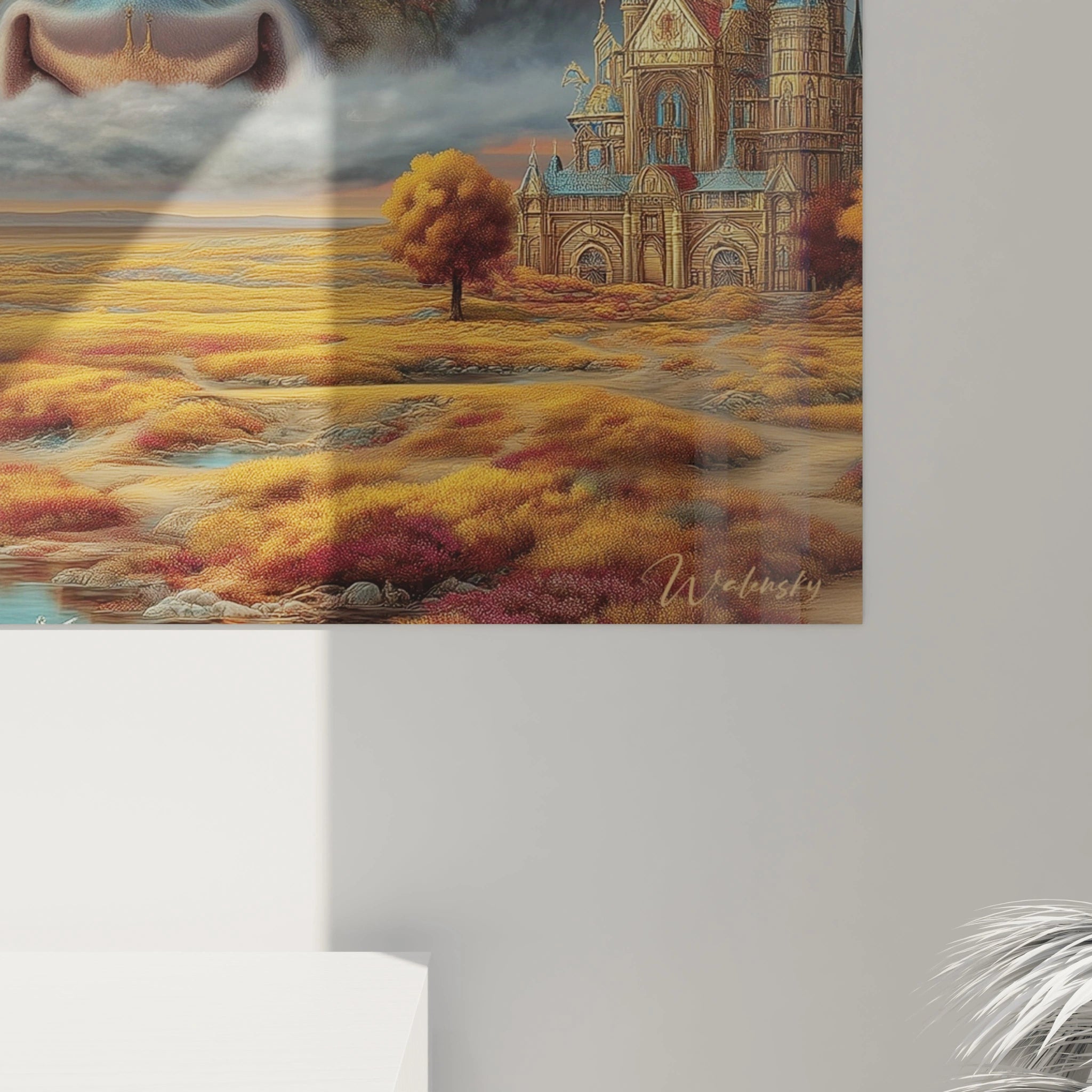 Tableau mural Walensky tableau vache surréaliste sur paysage doré avec château ancien
