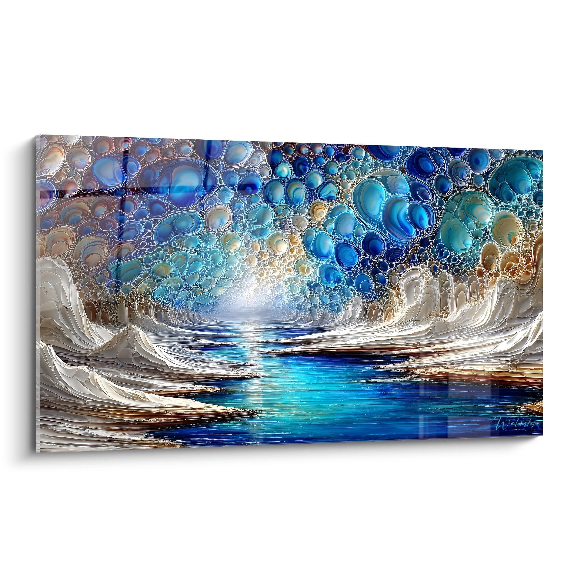 Tableau mural vague abstraite avec bulles cristallines bleus et reflets dorés art moderne océan
