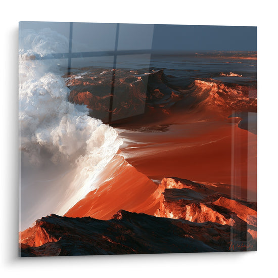 Vague blanche écumante déferlant sur des roches terracotta et anthracite sous un ciel bleu ardoise