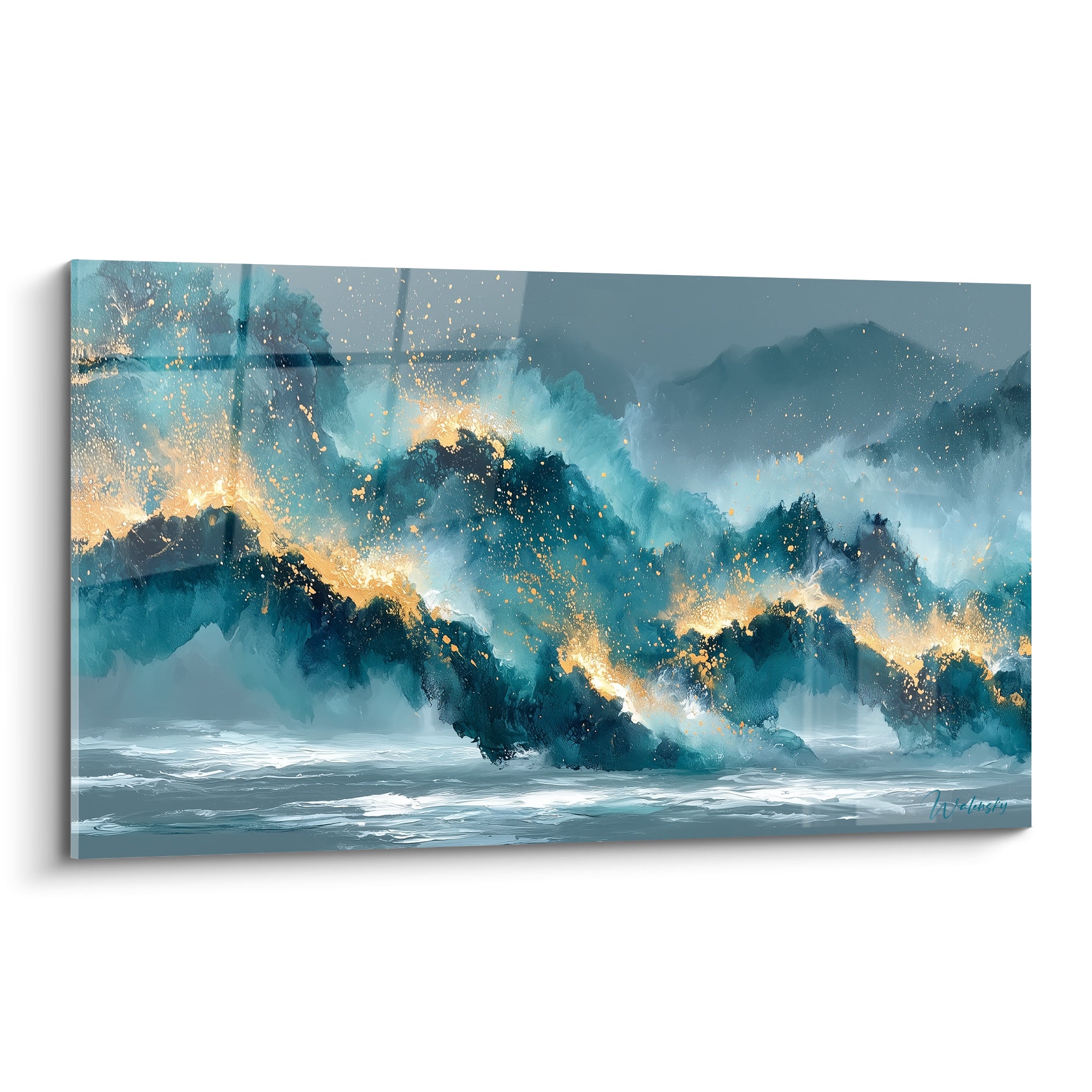 Vague style Peinture abstrait bleu sarcelle et doré, mouvement puissant figé dans une écume lumineuse