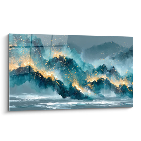 Tableau Vague montagneuse bleu sarcelle et or aux embruns - Crête d'écume dorée - Edition style Peinture abstrait