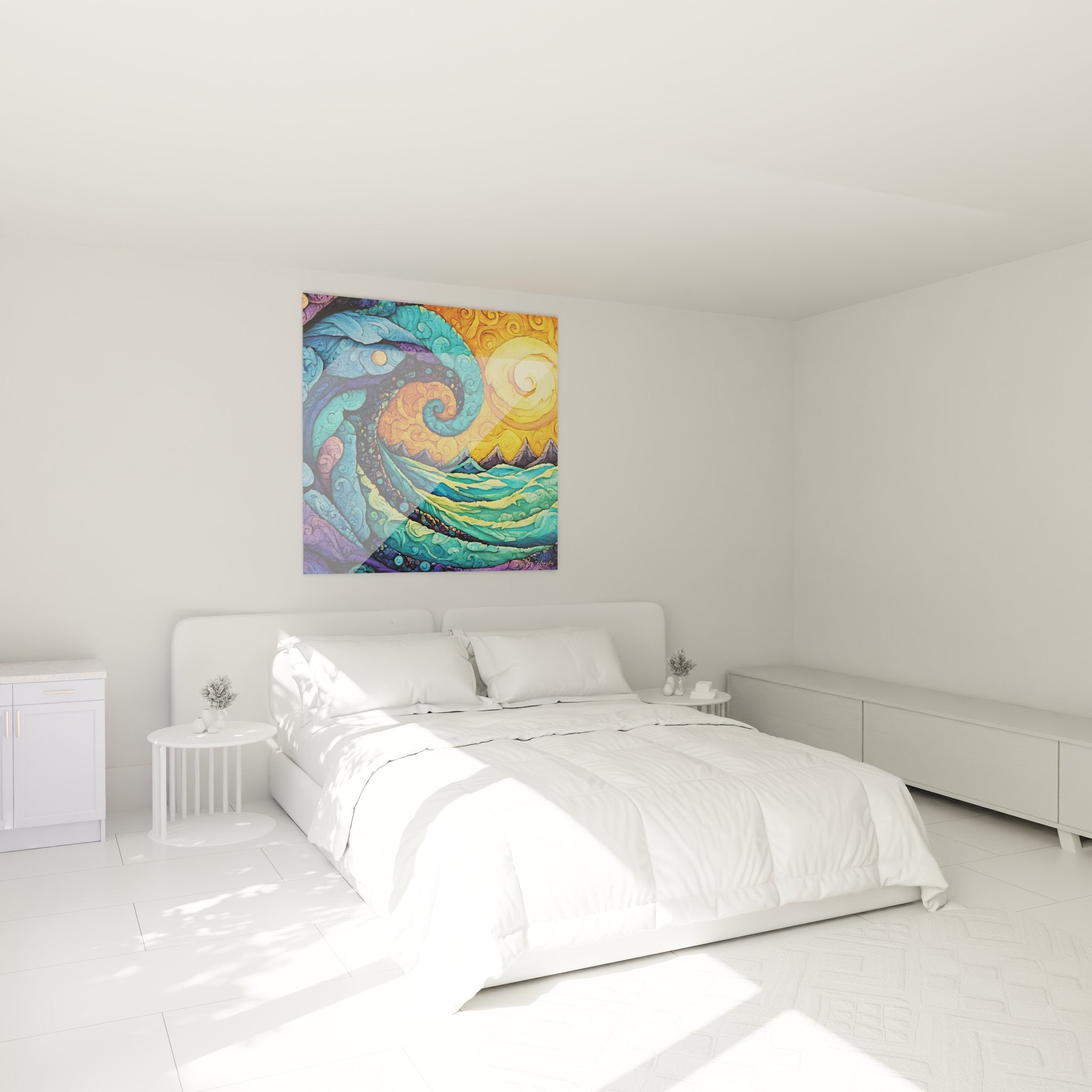 Ambiance chambre avec tableau mural vague cosmique spirale abstrait - décoration moderne colorée