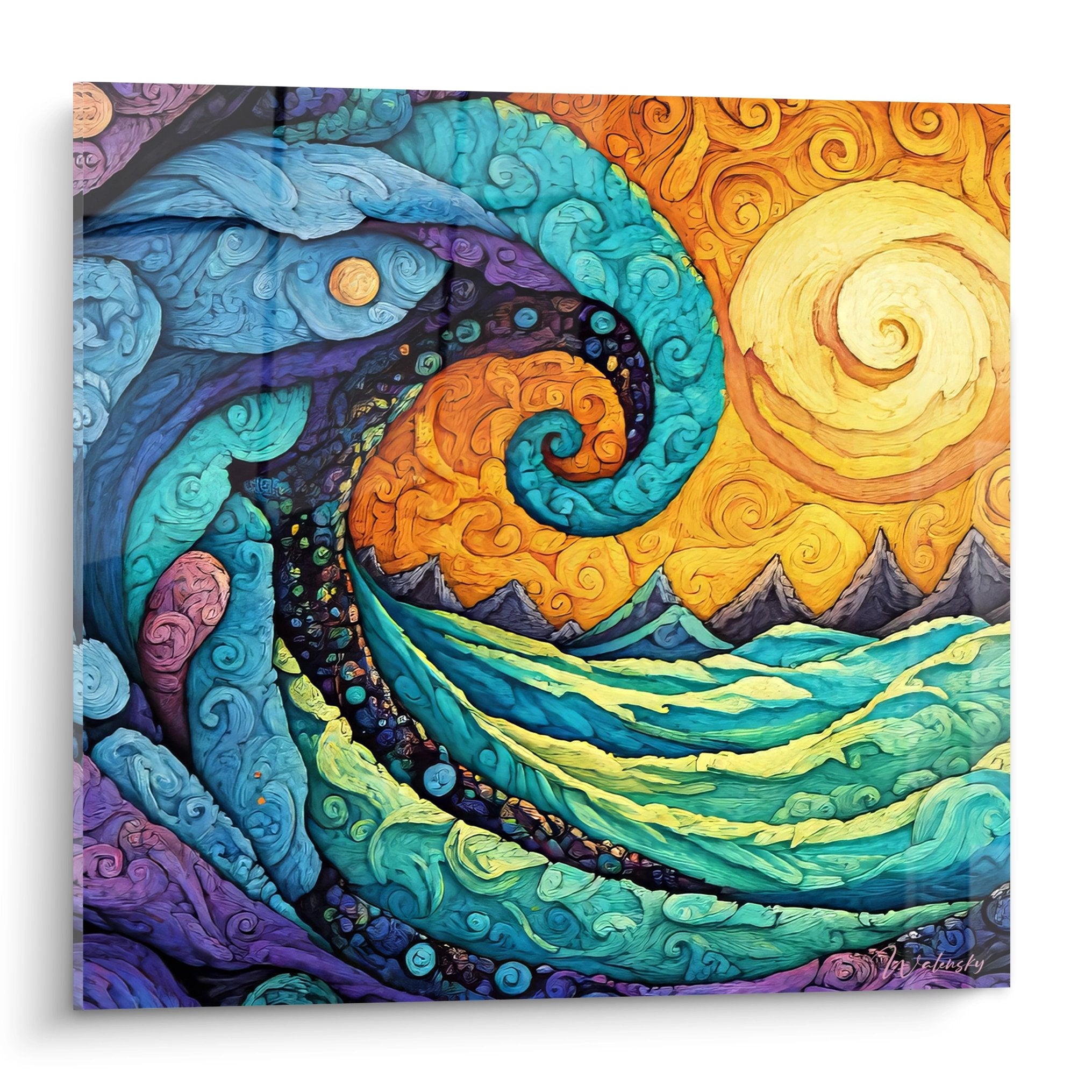 Tableau spirale abstrait vague cosmique avec montagnes et soleil doré - art mural moderne coloré