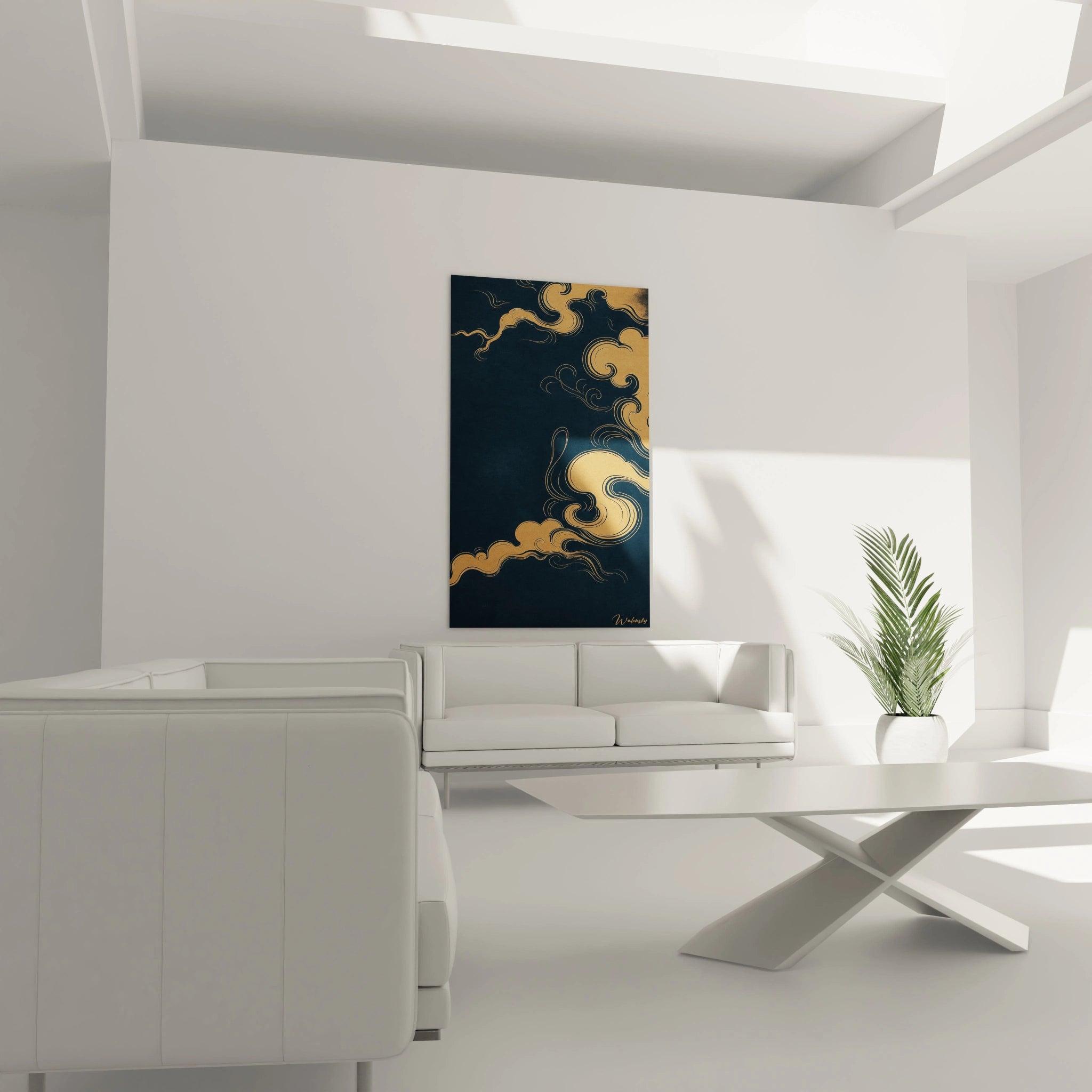 Un tableau nuages japonais caractérisé par sa palette restreinte de bleu marine et d'or, représentant des motifs de nuages stylisés inspirés de l'art traditionnel nippon, avec des lignes courbes gracieuses et des formes abstraites organisées en diagonale.
