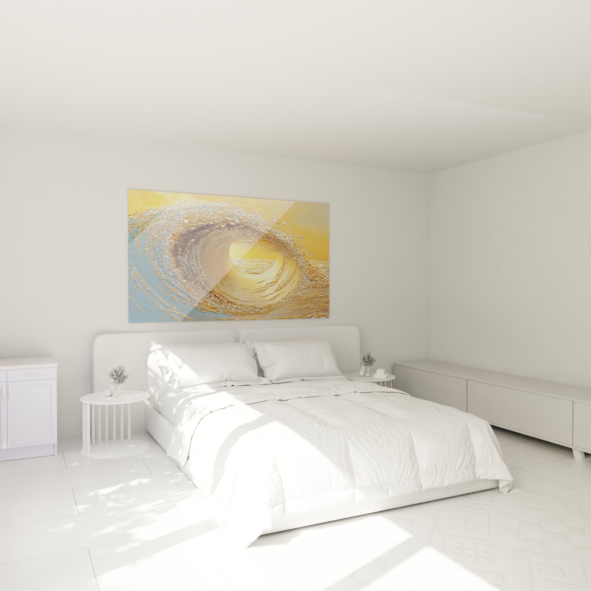 Tableau vague dorée tunnel dans ambiance chambre moderne décoration murale marine dorée