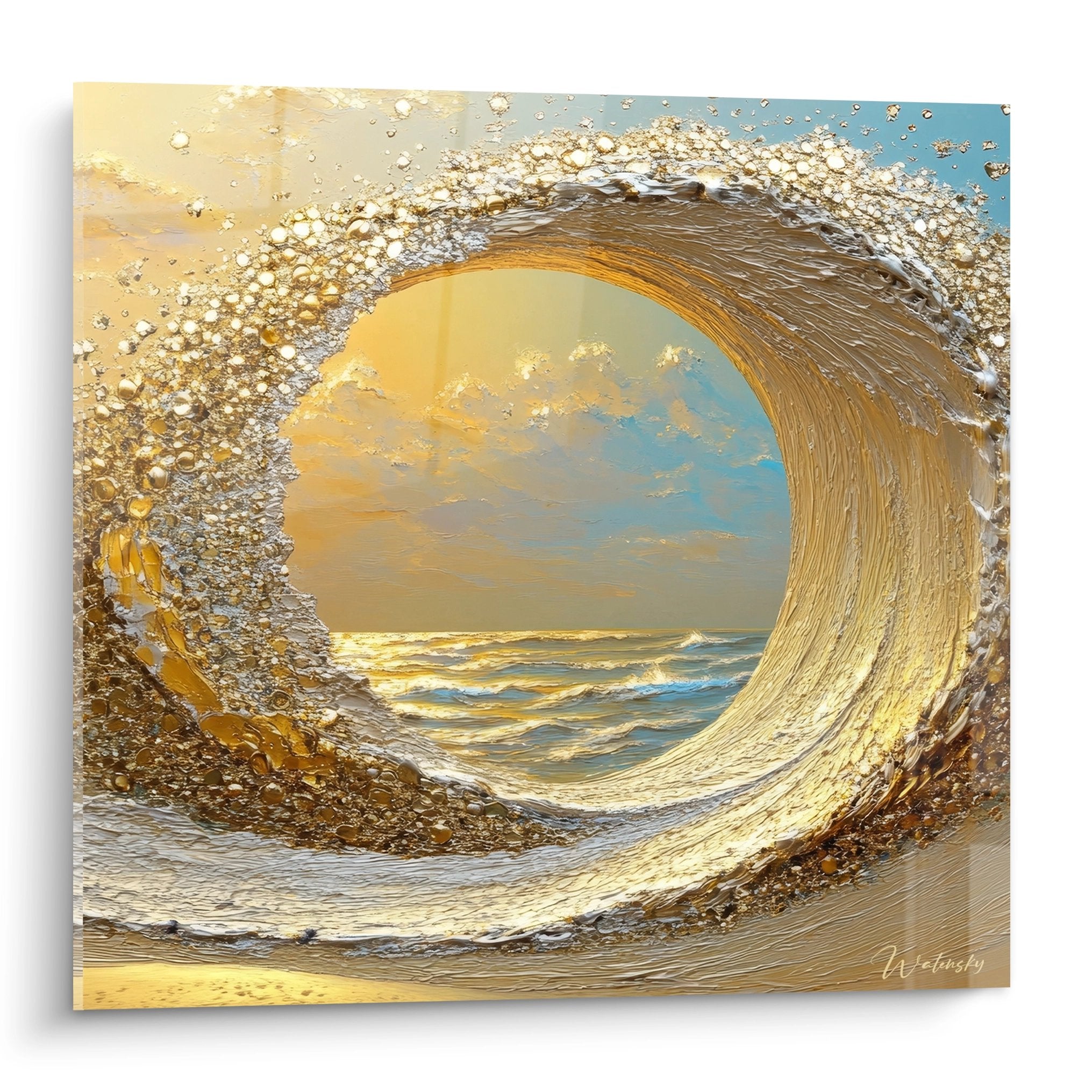 Tableau mural vague dorée en spirale formant tunnel océanique aux reflets dorés et bleus