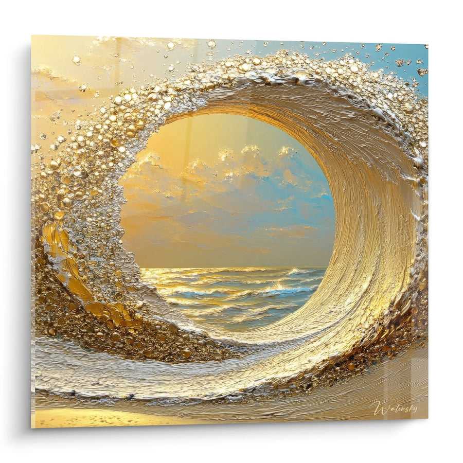 Tableau vague dorée en spirale - Tunnel Océanique - édition spirale abstrait