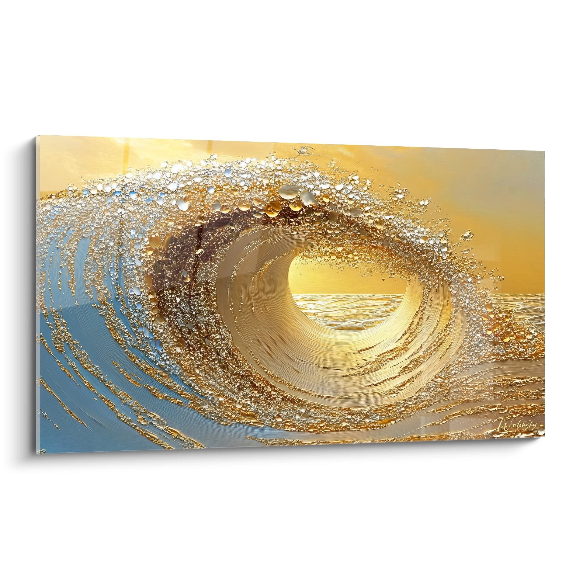 Tableau mural vague dorée formant tunnel spirale avec reflets dorés scintillants art abstrait océanique