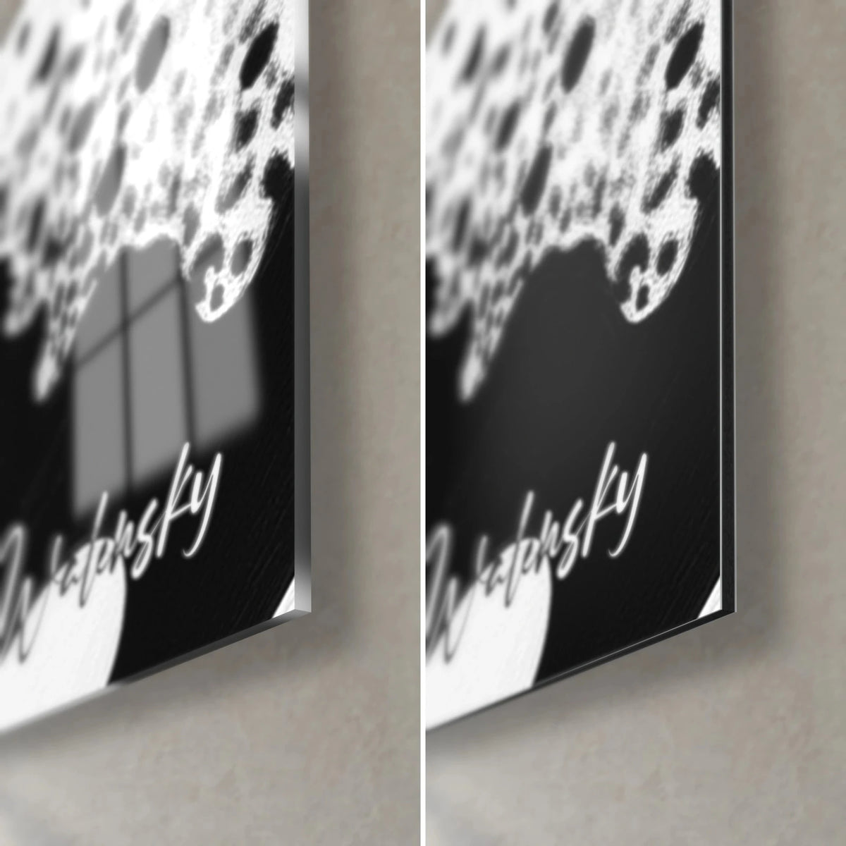 Wall art black and white ink wave, bottom right corner: glossy glass on the left, matte Dibond on the right, 3 mm edge