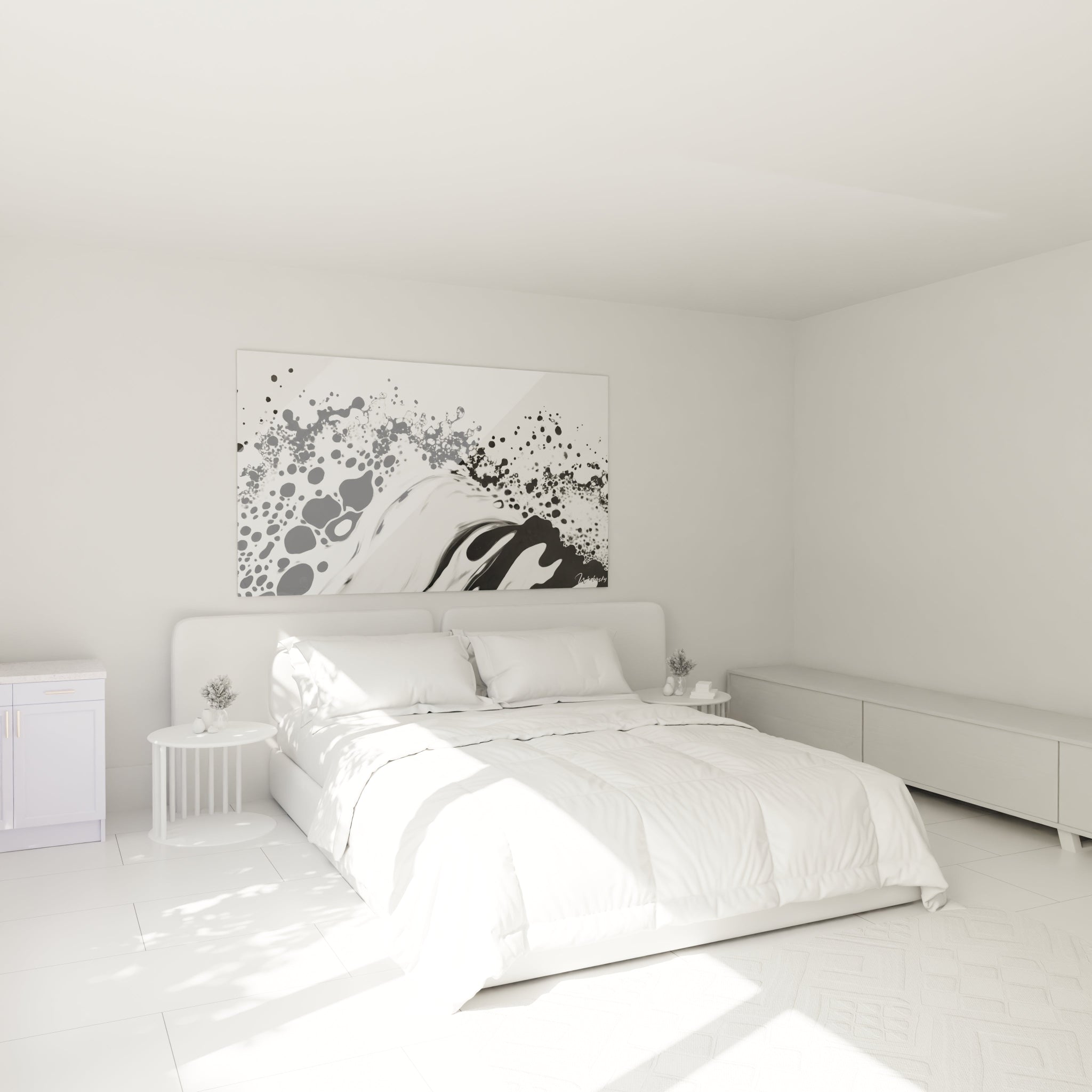 Tableau tacheté noir et blanc de Walensky sur un mur dans une chambre moderne minimaliste