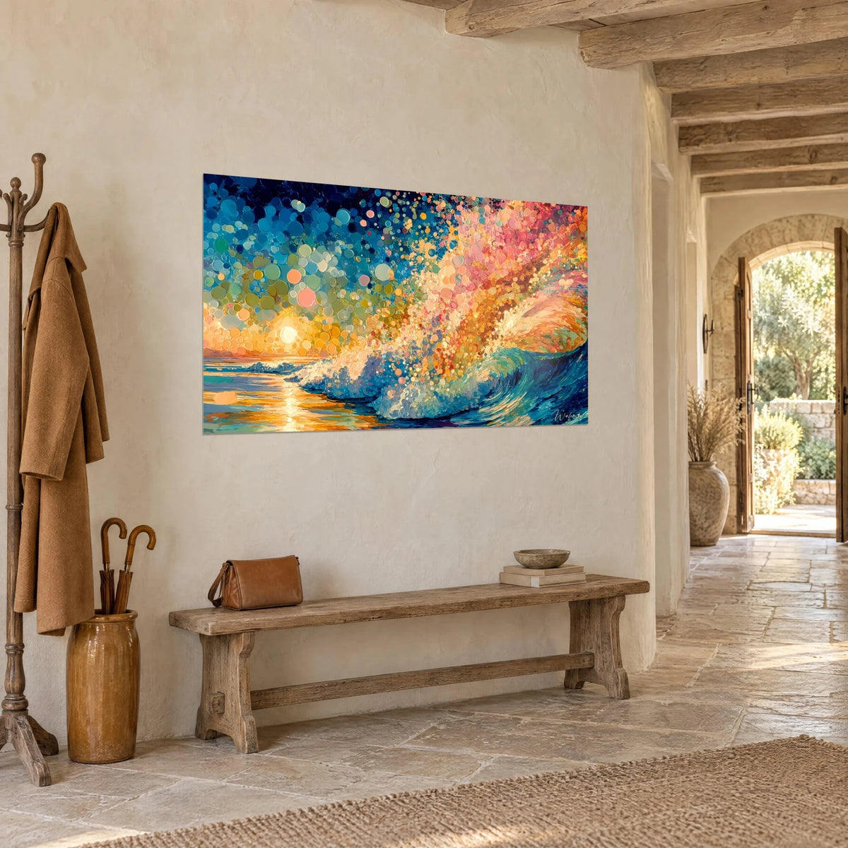 Gemälde pointillistisches Meer, Wellenkamm in Ultramarinblau und Orange, Sonnenuntergang, an einer Steinwand, Dreiviertelansicht