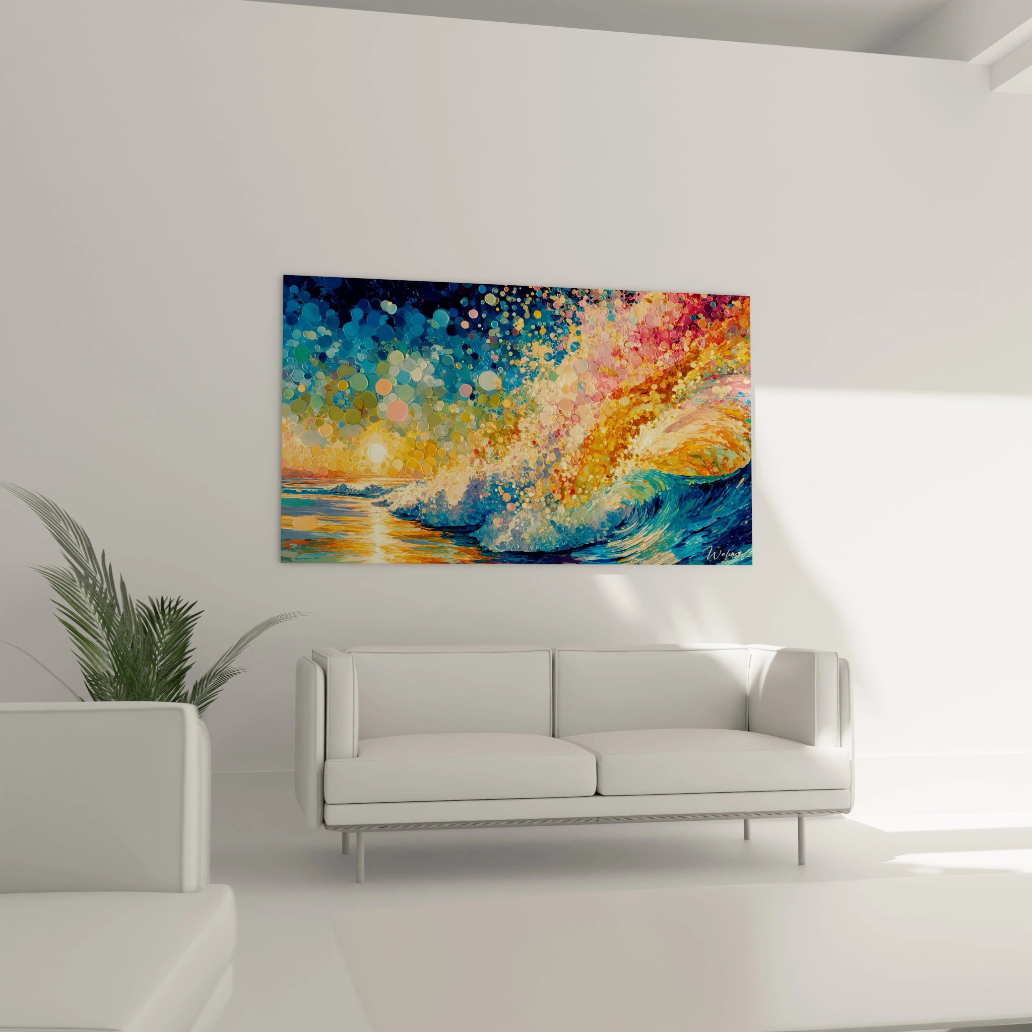 tableau vague pointillisme Walensky peinture murale colorée d une grande vague abstraite au dessus d un canapé blanc