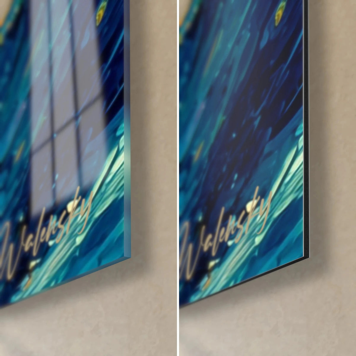 Gemälde Wellen in Punktmanier, untere rechte Ecke: glänzendes Glas links, mattes Dibond-Aluminium rechts, Türkis und Nachtblau