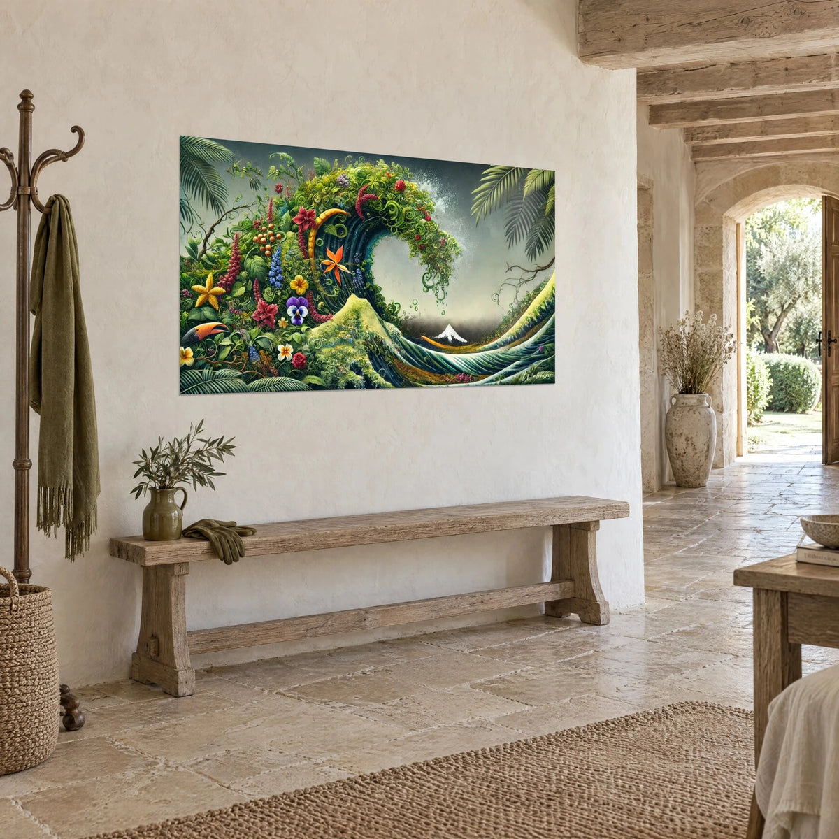 Wall art foamy crest of greenery, purple pansies and deep green foliage, on a stone wall beside a rustic archway