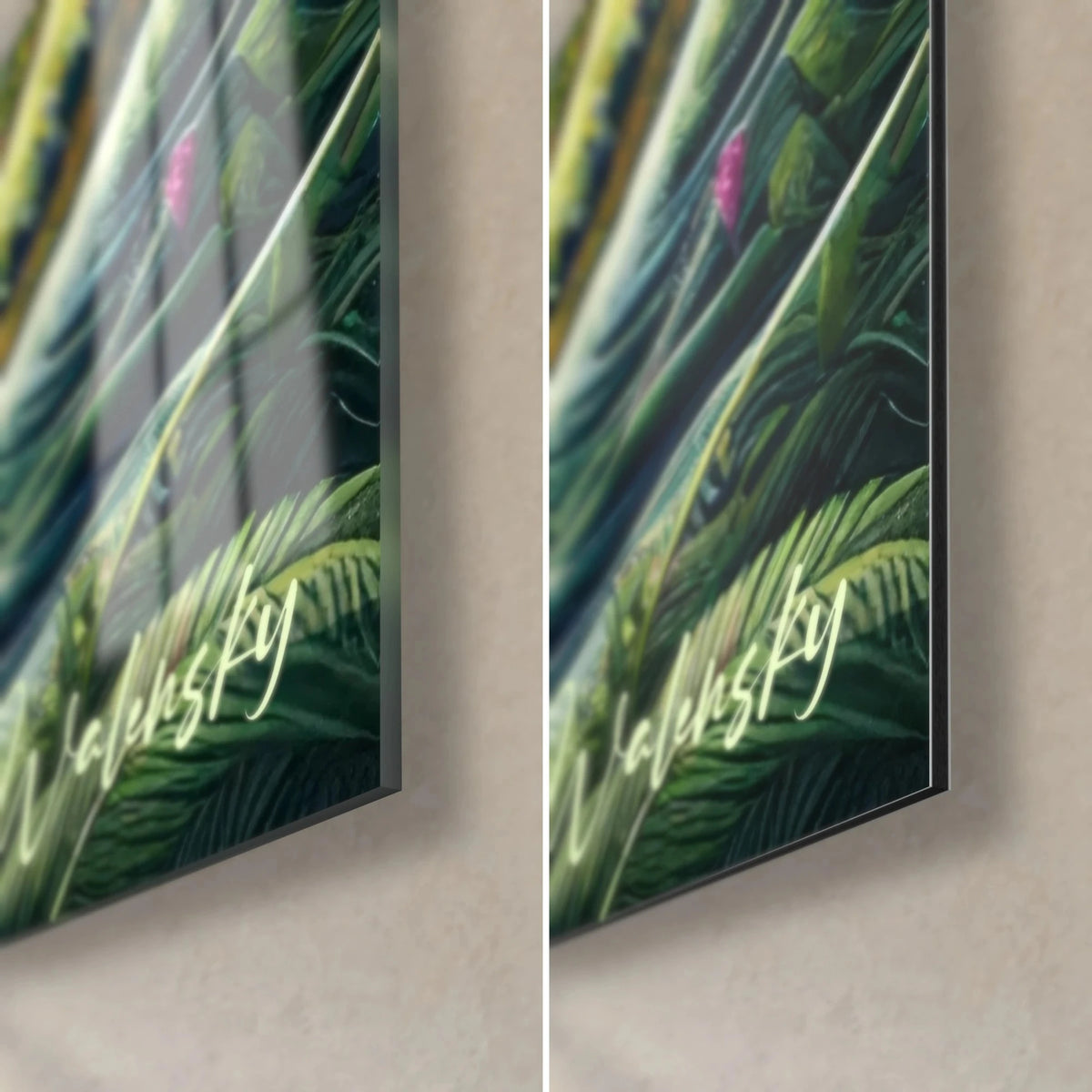Tableau vague fleurie, fougères vert sombre et signature blanche, coin bas droit en verre brillant et alu Dibond mat