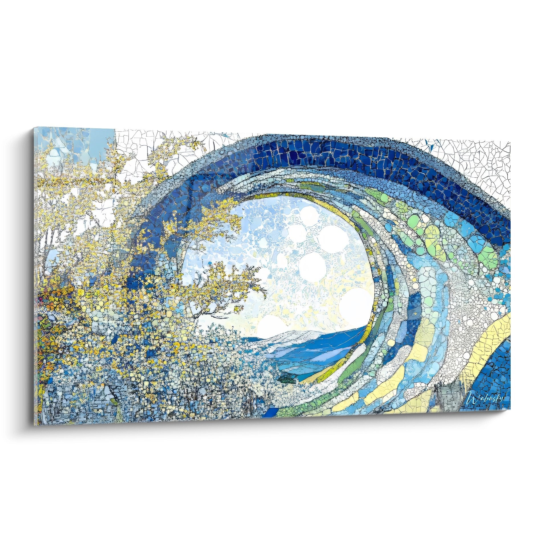 Tableau mural vague océanique spirale abstraite tons bleus verts mosaïque art moderne