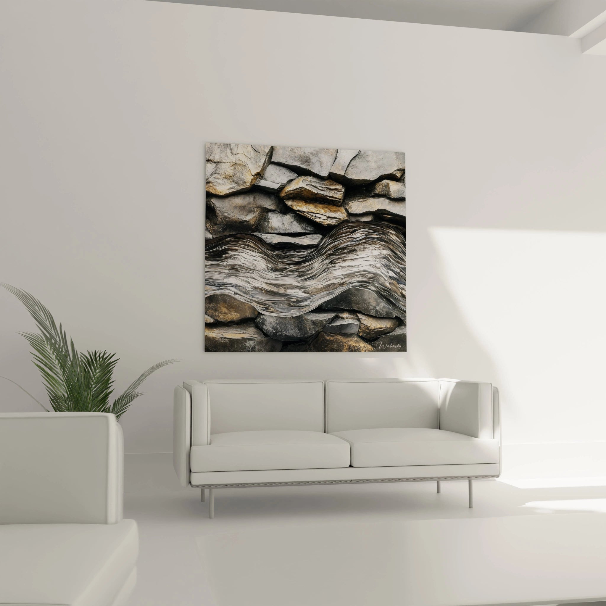Un tableau roches et eau capturant la rencontre entre matières minérales aux textures fragmentées grises et dorées et un courant argenté ondulant, évoquant un paysage naturel stylisé où l'élément liquide semble traverser et épouser la structure rocheuse.
