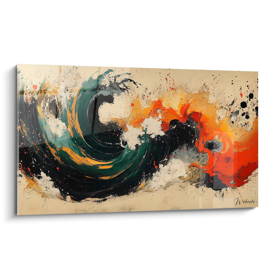 Quadro pittura astratta Walensky con onde colorate in tonalità nere, arancioni e verdi