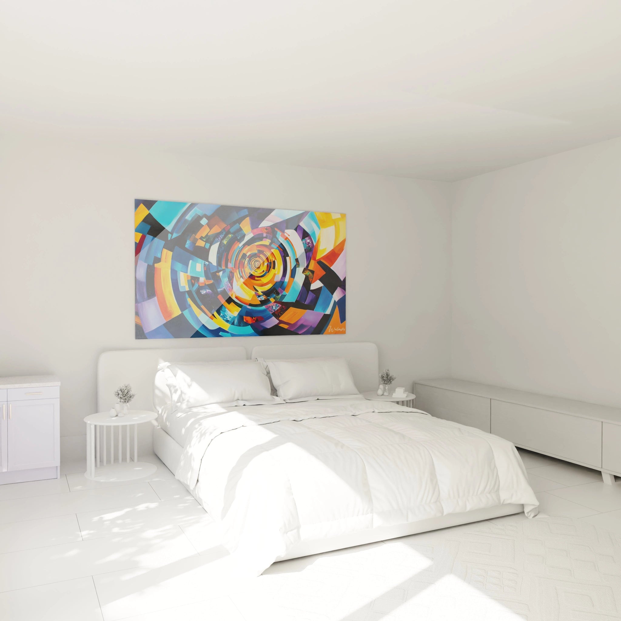 Un tableau abstrait spirale dynamique où des formes angulaires multicolores s'entrelacent dans un mouvement circulaire hypnotique. Palette riche en bleu, orange et jaune avec des accents violets et noirs créant une impression de profondeur et de rotation continue.
