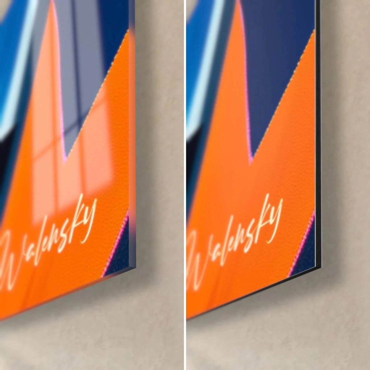 Cuadro con un remolino abstracto, esquina naranja vivo y azul marino, cristal acrílico brillante frente al aluminio Dibond mate, canto de 3 mm
