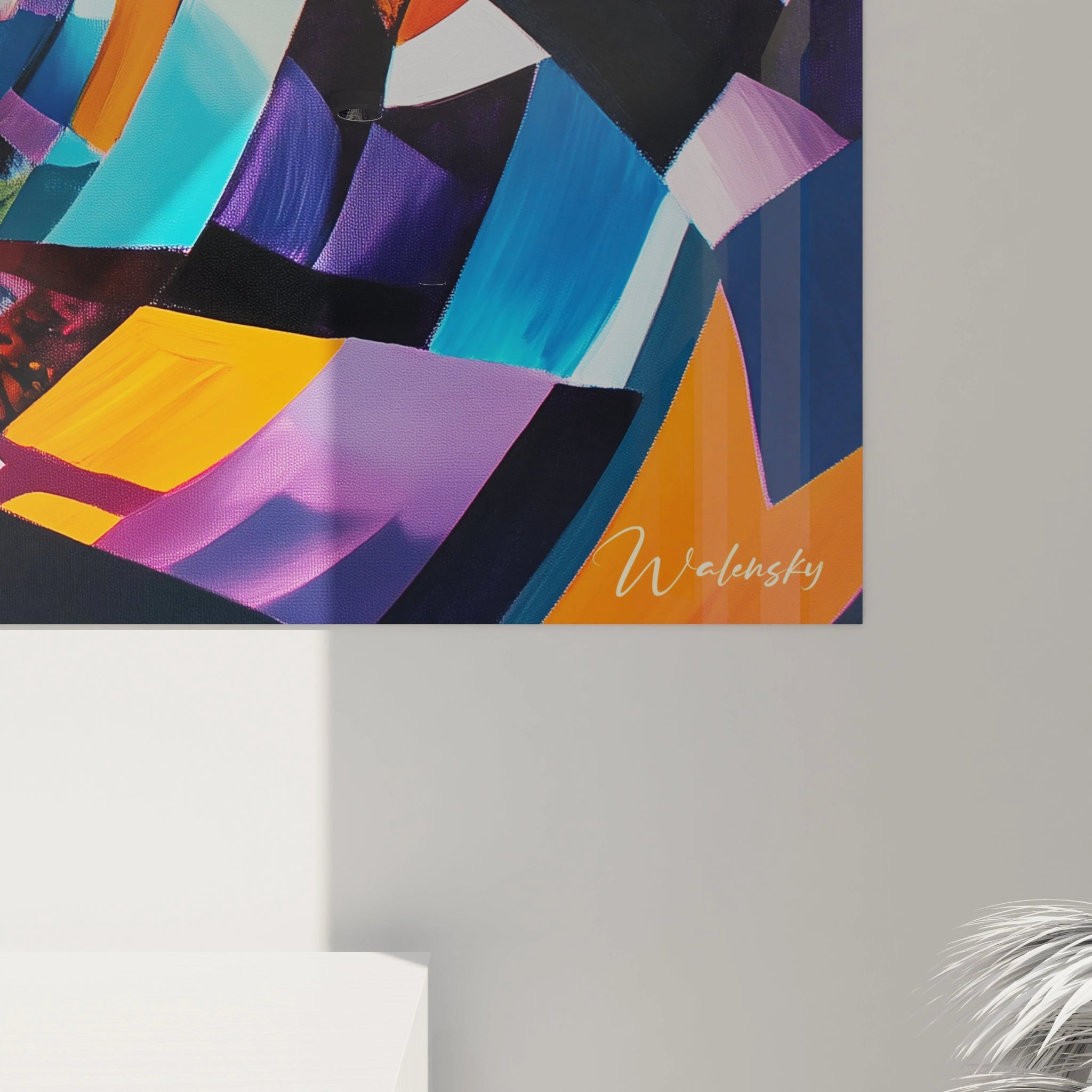 Un tableau abstrait spirale énergétique combinant fragments géométriques et fluidité du mouvement circulaire. Association de bleu turquoise, orange vif et jaune intense avec transitions chromatiques progressives et textures variées créant un effet de profondeur saisissant.
